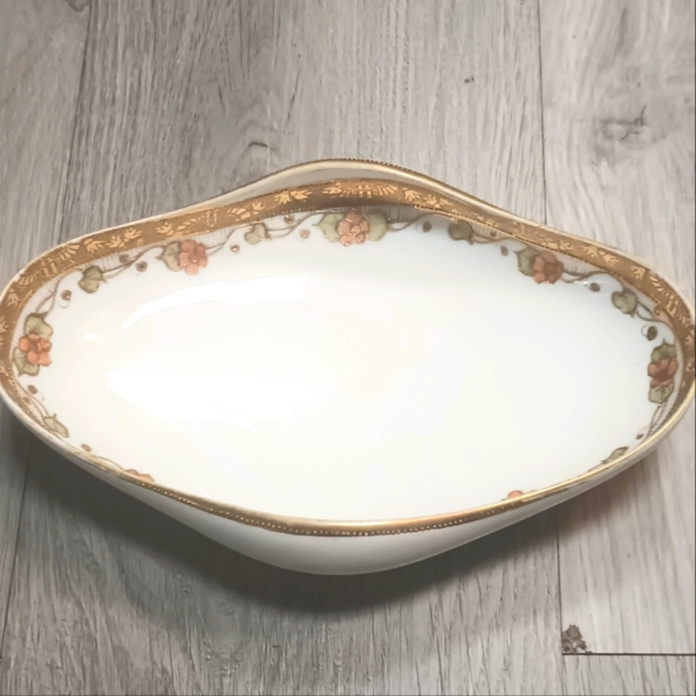 Vtg Nippon Hand Painted Celery Dish Gold Lined Floral Footed Proper Elegant